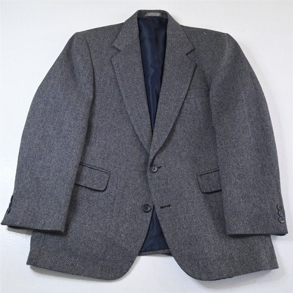 Vtg USA‎ Made 40S Blue Herringbone Wool Tweed Slim Mens Blazer Jacket Sport Coat